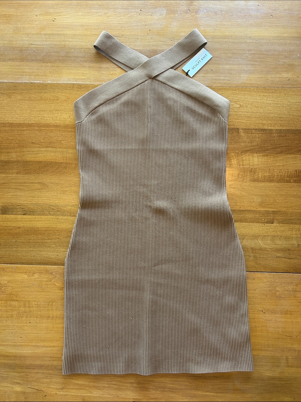 Babaton Cross-Strap Ribbed Mini Dress in Light Brown
